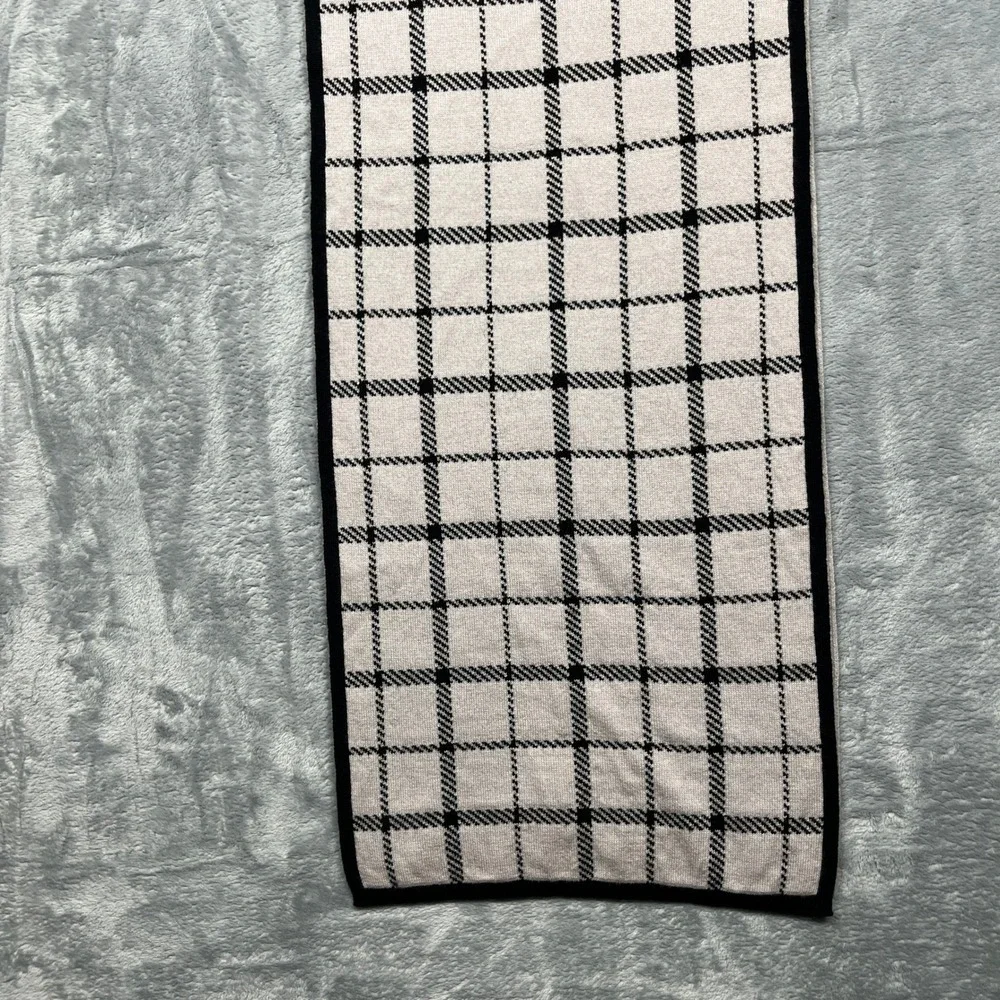 Coach‎ Scarf Black Ivory Reversible Plaid Wool Cotton Knit Leather Logo